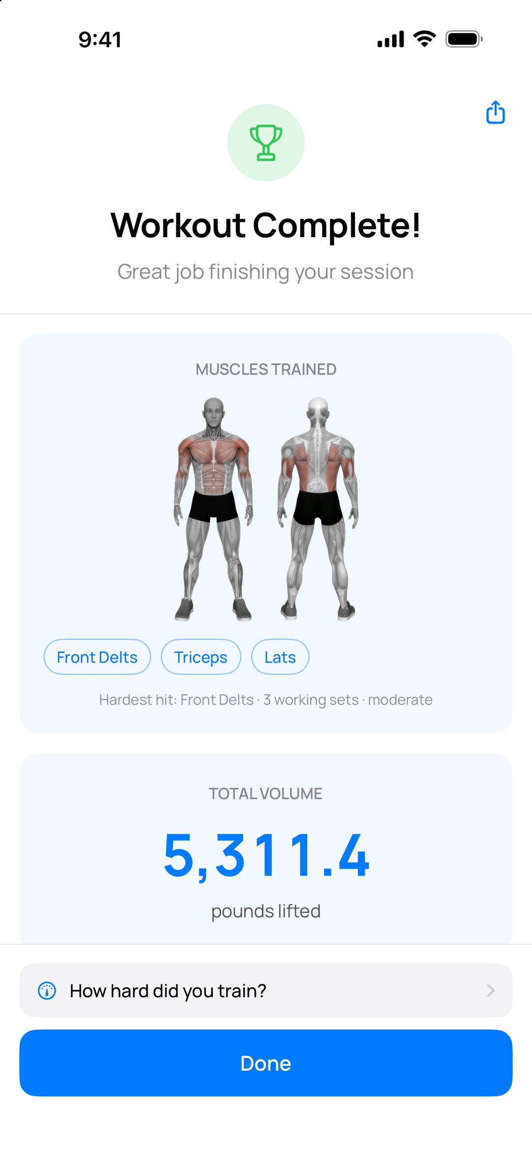 Workout summary with the muscles trained and total volume.
