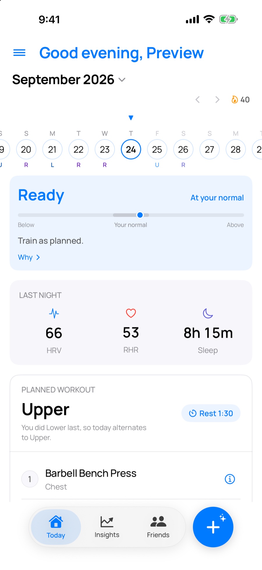 The Forge Fitness home screen: a week calendar, a recovery band reading Ready with last night’s HRV, resting heart rate and sleep, and the day’s planned workout.