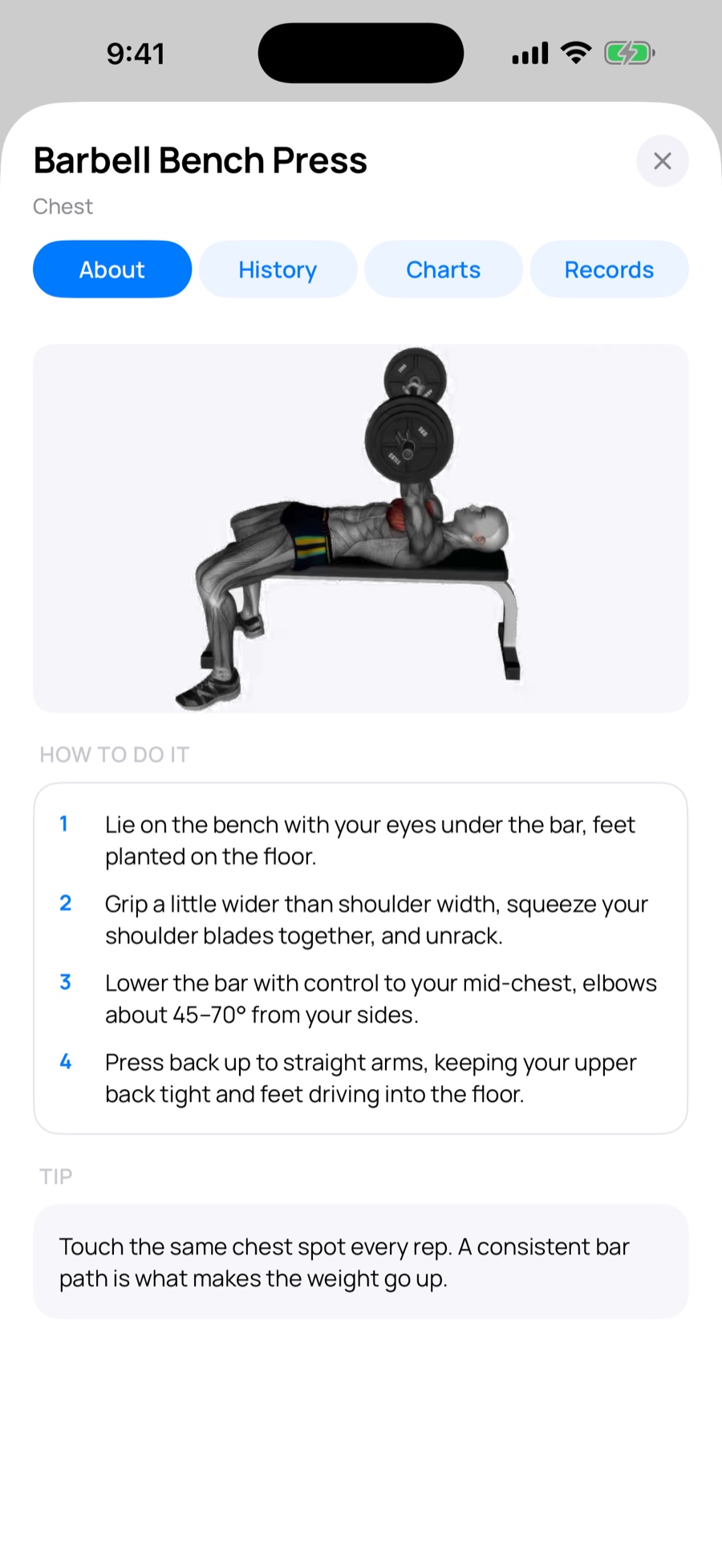 Exercise detail screen with an animated demonstration, numbered instructions and a coaching tip.