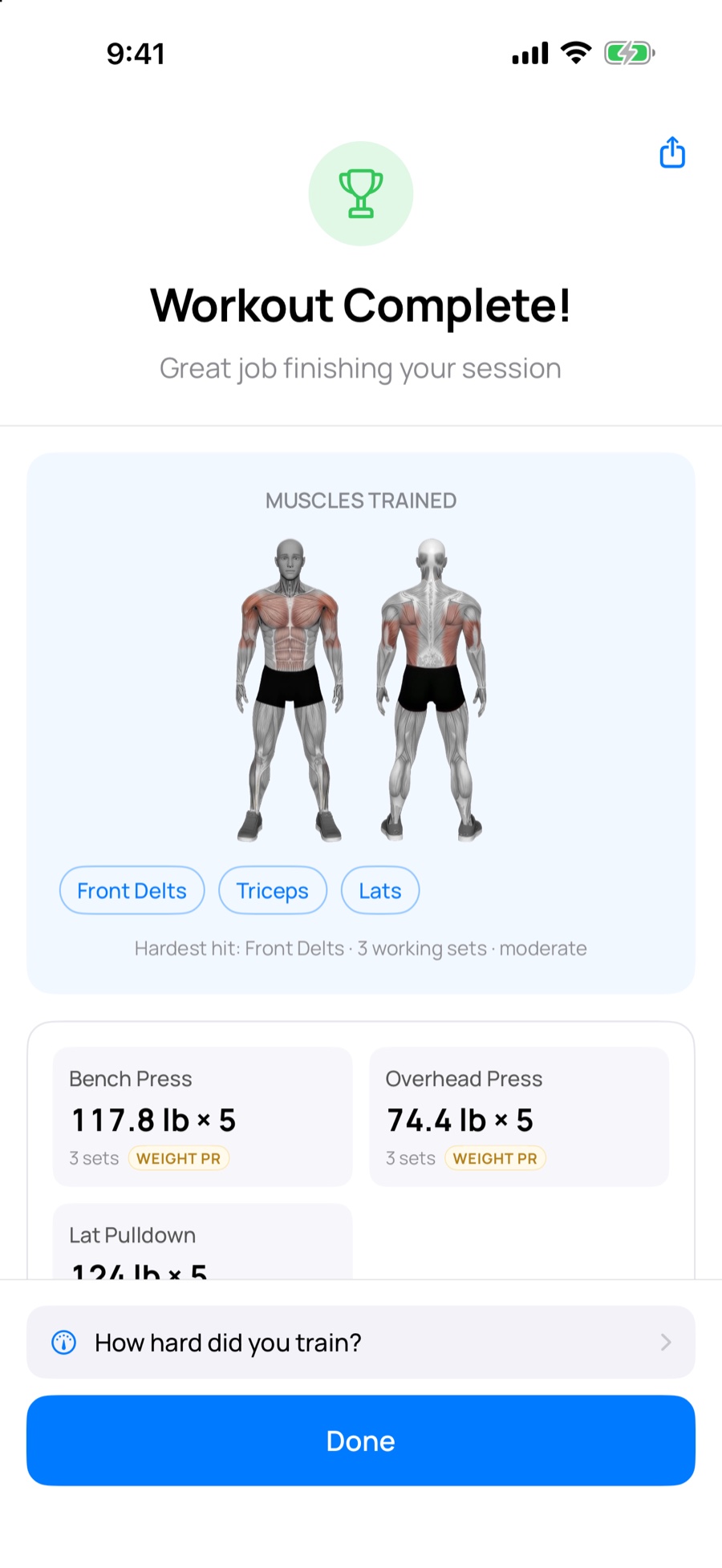 Workout summary with total volume, personal records, and a body map of the muscles trained.
